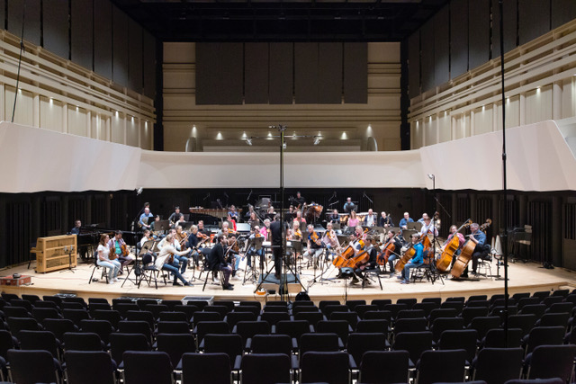 Peter Nordahl conducting the redcording of the score for the film "Sara med allt sitt väsen."